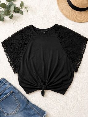 Victoria’s Secret Butterfly Black Lace-Sleeve Knot Front Top, Small, EUC